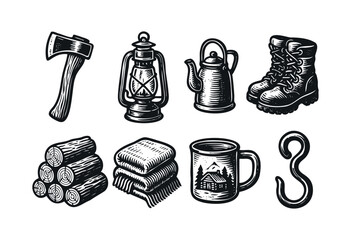 A set of camping-related items, including an axe, lantern, kettle, boots, firewood, blanket, mug and hook, are shown in a monochromatic engraved style &mdash; stock vector.