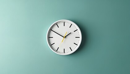 Minimalist white wall clock shows time with black hands, yellow second hand on teal background. Simple round clock face with dash markers indicates hours, minutes. Design fits modern offices, homes,