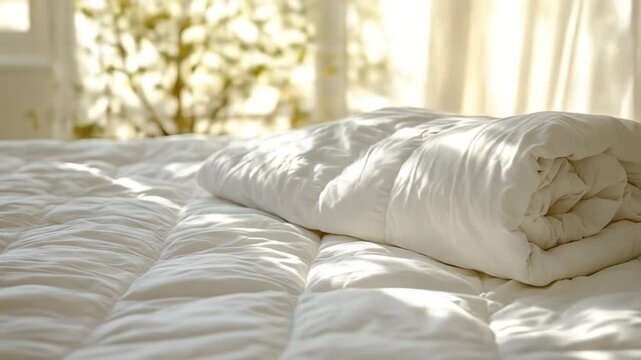 A rolled white comforter on a quilted bed in a bright room with warm sunlight
