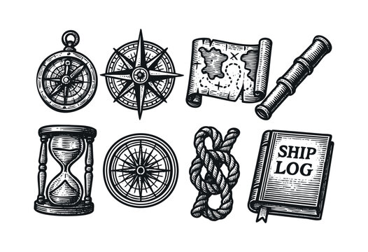 Hand-drawn nautical elements featuring a compass, hourglass, map, and ship log, rendered in a vintage woodcut style &mdash; stock vector.