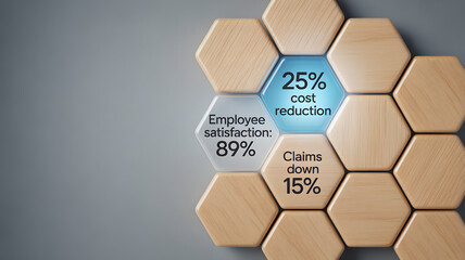 Honeycomb hexagon tiles with highlighted metrics showing cost reduction, employee satisfaction and claims drop