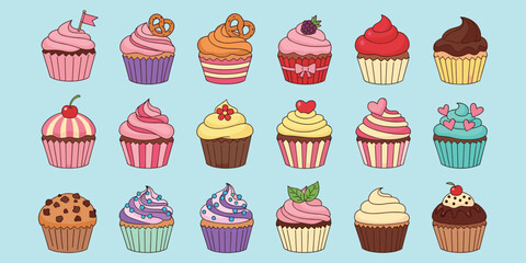 Cupcake illustration set, colorful dessert icons, decorated sweet treats, baking celebration design, frosting and topping variety, flat vector illustration