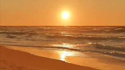 Beautiful sunset over the ocean, golden hues reflect on the water and the sandy shore