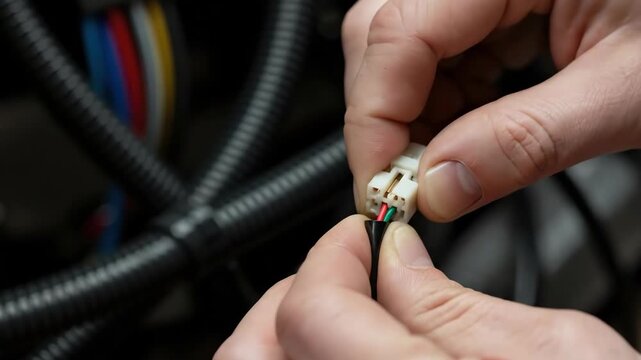 Close-up of hands disconnecting an electrical wire connector. Technician working on automotive electronics. Repair and maintenance concept