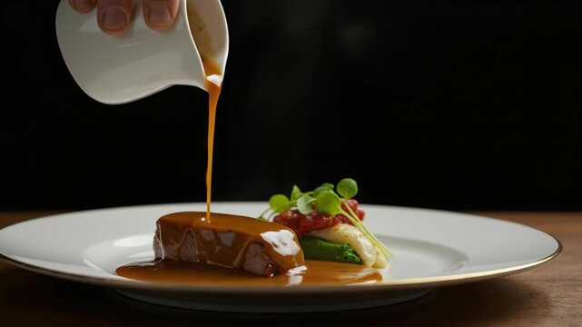 Pouring brown sauce over a gourmet steak on a white plate. Hand serving gravy on beef fillet with garnish in a fine dining restaurant. Culinary presentation concept