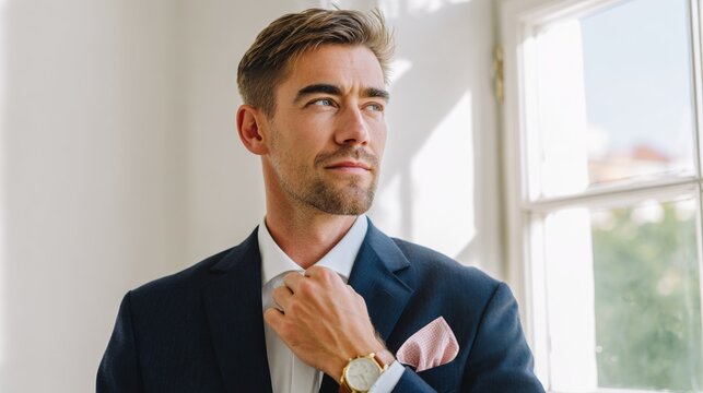 Man in suit standing by window. - Powered by Adobe