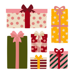 Cute Hand-Drawn Christmas Gift Boxes with Bows and Striped, Polka Dot, and Star Patterns