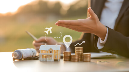 Businessperson with house model, stacked coins and tablet showing real estate investment growth icons