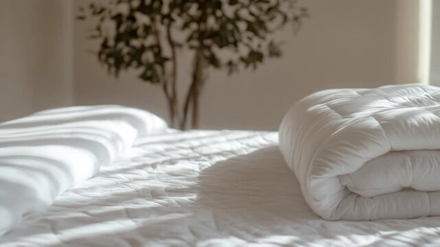 Crisp white comforter folded on a bed with quilted sheets, blurred plant, striped light