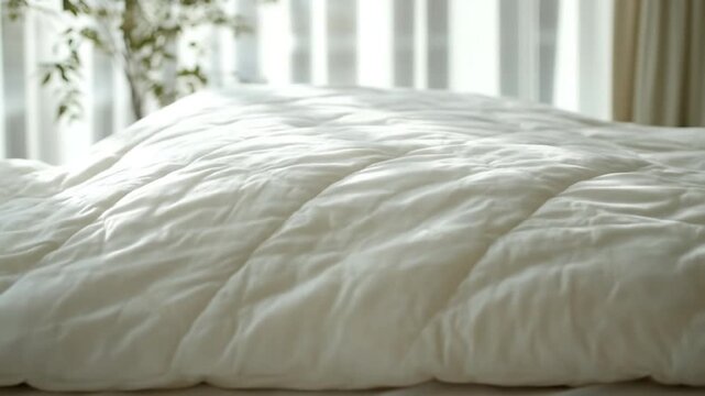 Neatly folded soft white quilted comforter on a bed, bright natural light