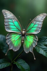 Emerald metallic butterfly sculpture resting on green plant