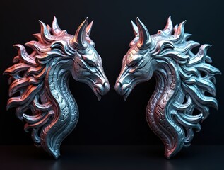 Two silver dragon sculptures facing each other