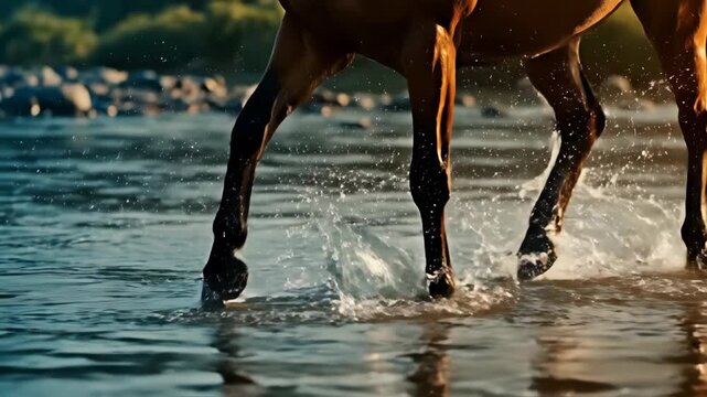 Cinematic slow motion of a horse walking through a river. Close-up of powerful legs and hooves splashing in golden hour light. Wild animal in nature