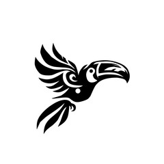 Fototapeta premium Striking black and white tribal style toucan design in flight. Perfect for logo, tattoo, t-shirt print, and tropical nature-themed projects.