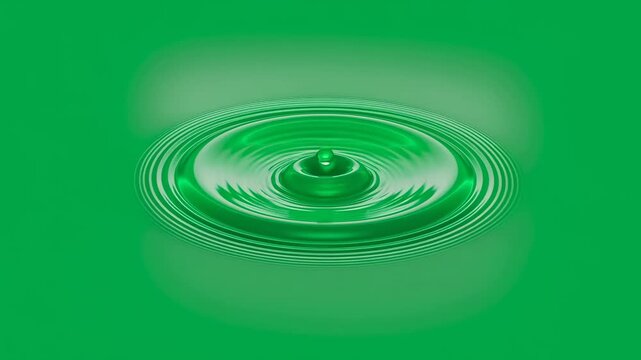 Water drop falling into a green liquid surface then creating ripples. Clean nature and fluid motion abstract for chromakey.