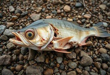 Decaying fish carcass with exposed bones and cloudy eye on a rocky shore, highlighting natural decomposition,  wild animal,  decomposition