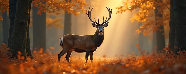Large buck with antlers stands alert in beautiful autumn woods. Golden sunlight streams through canopy, illuminating orange, brown leaves on trees, forest floor. Wild deer pauses quietly in natural