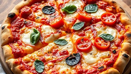 Freshly baked margherita pizza sliced, highlighting bubbly crust, vibrant toppings, and melted cheese pull Perfect Italian meal, margherita, fresh basil