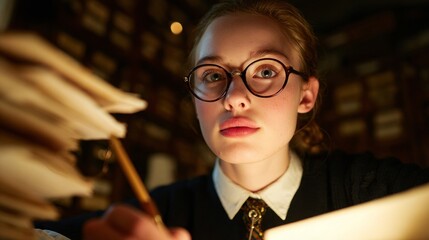 Woman wearing glasses, sitting at desk with papers and pen, looking down at them.
