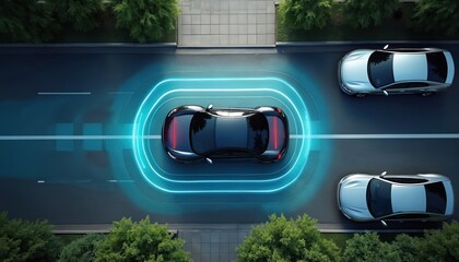 Black autonomous car maneuvers on city road. Smart system with blue glowing aura scans surroundings for safe self-parking. Vehicles nearby on street. Shows future driving tech, AI, innovation, urban