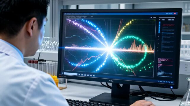 Laboratory benches with analytical instruments and computers in a bright sterile laboratory environment with clean countertops and visible wall and aisle areas available for text overlays