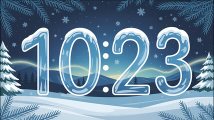 Beautiful winter night illustration with frosty ice numbers 1023 amidst snowy landscape and falling snowflakes