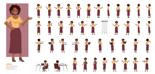 Plakat Big Set of Businesswoman wear yellow shirt and long purple skirt, brown curly hair character vector design. People working in office planning, thinking and economic analysis.