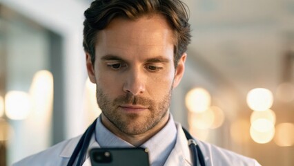 A focused doctor examines a smartphone in a well-lit medical environment, suggesting engagement with technology in healthcare.