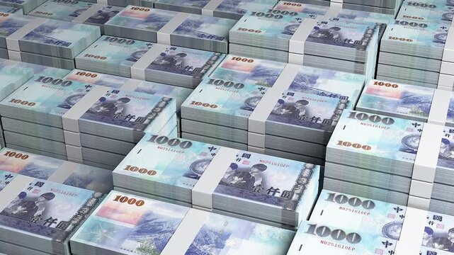 Taiwan 1000 New Taiwan Dollar Banknote Horizontal 3D Animation ? Financial Money Flow, Business and Banking Economy, Currency Exchange and Investment Concept