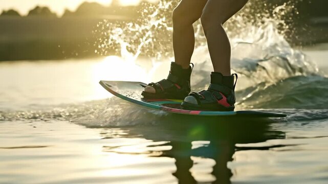 A person wakeboarding on the water in slow motion. Close-up of a wakeboard carving through a lake at sunset. Active summer lifestyle and water sports concept