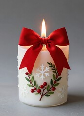 Christmas candle with red bow and festive decorations