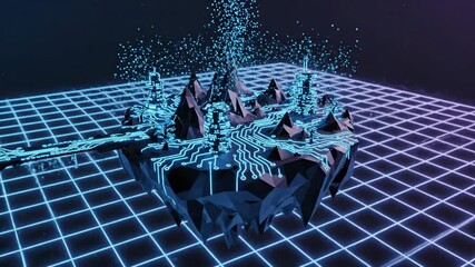 Blue Neon Grid World With Floating Digital Peaks.