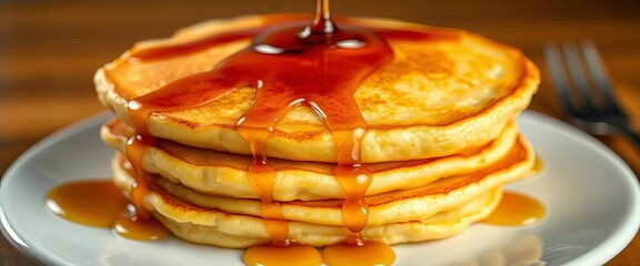 Fluffy golden brown pancake, slightly irregular edges, syrup drizzled, pancake, delicious