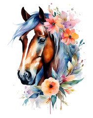 Horse with Flowers Watercolor PNG Illustration.