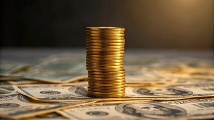 A stack of coins on top of scattered dollar bills, symbolizing wealth and financial success.