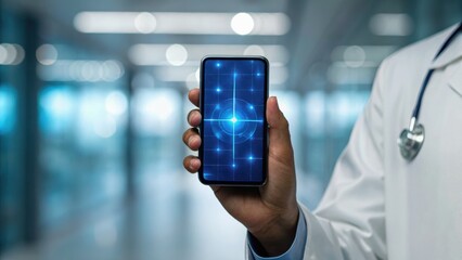 A medical professional holds a smartphone displaying a digital interface, suggesting advanced technology in healthcare.