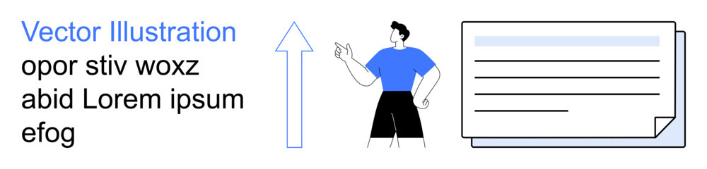 Business growth, productivity tools, data analysis, goal setting, planning, teamwork. Upward arrow next to person and document icon. Business growth and productivity tools concept