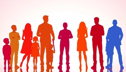 Diverse family silhouettes in various poses, representing family units,  grandparents,  graphic