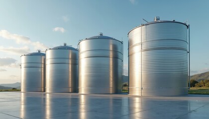 Fototapeta premium Row of large metal silos stand in rural landscape. Clear sky above industrial storage tanks used for grain or fuel. Agricultural scene with massive cylindrical containers.