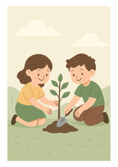 Kids Planting Tree Illustration – Environmental Education & Eco-Friendly Activity
