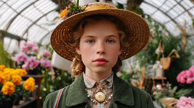 Woman wearing straw hat, standing in greenhouse filled with flowers. - Powered by Adobe