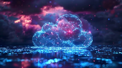 Digital cloud storage icon made of clean glowing lines on blue futuristic digital technology concept background high resolution stock photo