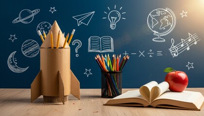 Ignite Learning and Imagination Rocket Ship Books and Creative Symbols on Classroom Chalkboard