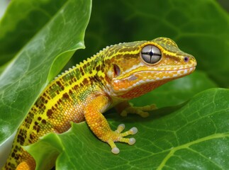 Obraz premium Vibrant Gecko Resting Among Lush Green Leaves in Natural Habitat