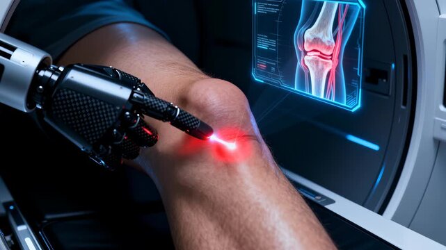 Knee receives robotic-assisted laser treatment while positioned inside a diagnostic MRI scanner with holographic joint visualization and a red target light indicating a localized pain site in a clinic