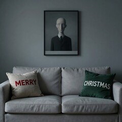 Merry christmas pillows on a modern grey sofa