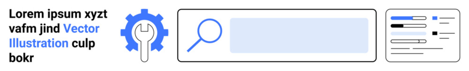 Obraz premium Online search, web development, technology tools, SEO optimization, data management, user interface design. Gear icon, magnifying glass and interface elements. SEO optimization and web development