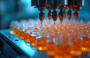 Automated lab equipment precisely dispenses amber liquid into rows of small glass vials. Robotic arms add sample into labware for scientific research analysis. Modern biotech industry technology.