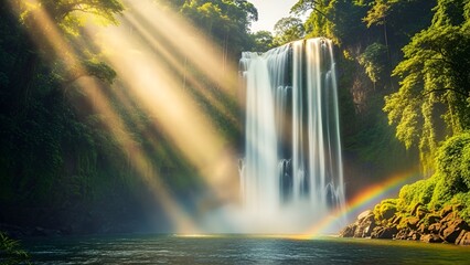 Sunlight streams through lush jungle illuminating a majestic waterfall with a vibrant rainbow
