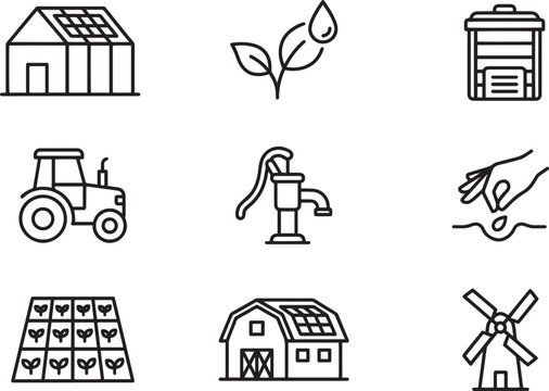 Agriculture and farming line icons set greenhouse tractor well water hand planting windmill